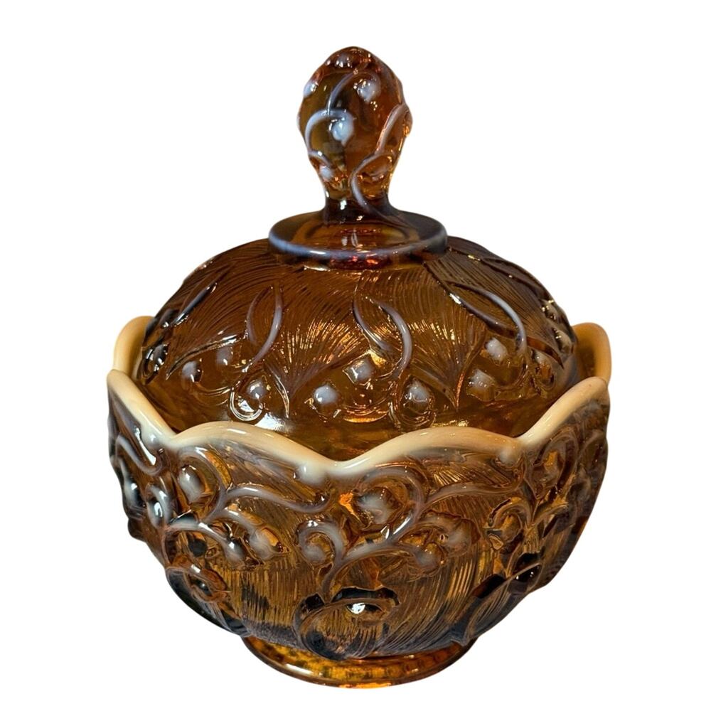 Fenton Lily of the Valley Amber Cameo Opalescent Covered Candy Box • 7”